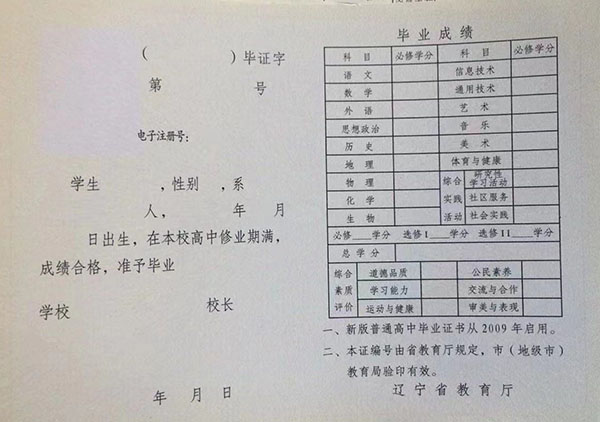 辽宁省普通高级中学毕业证书高清图片