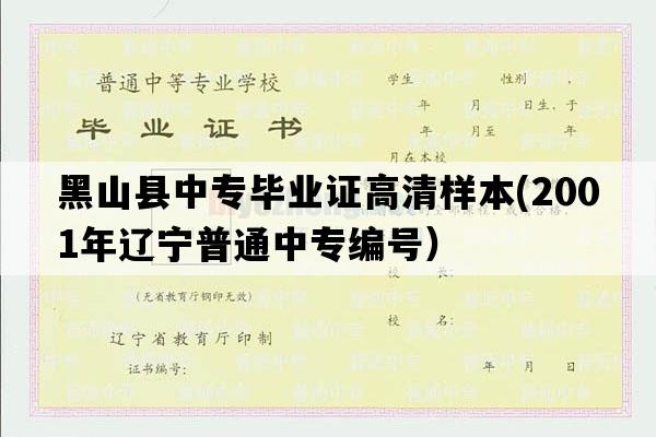 黑山县中专毕业证高清样本(2001年辽宁普通中专编号）